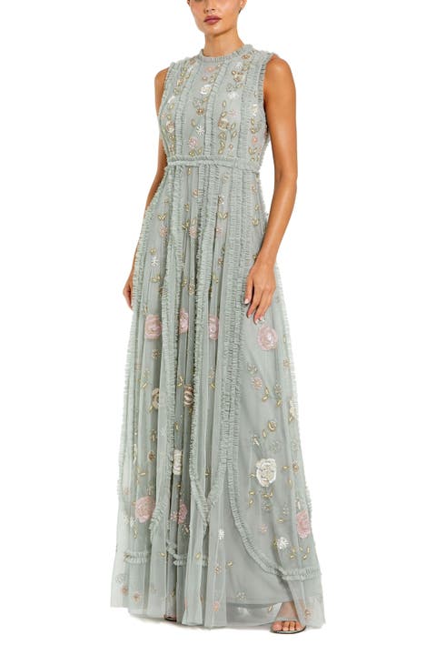 Floral Mesh Sleeveless A Line Micro Ruffle Gown
