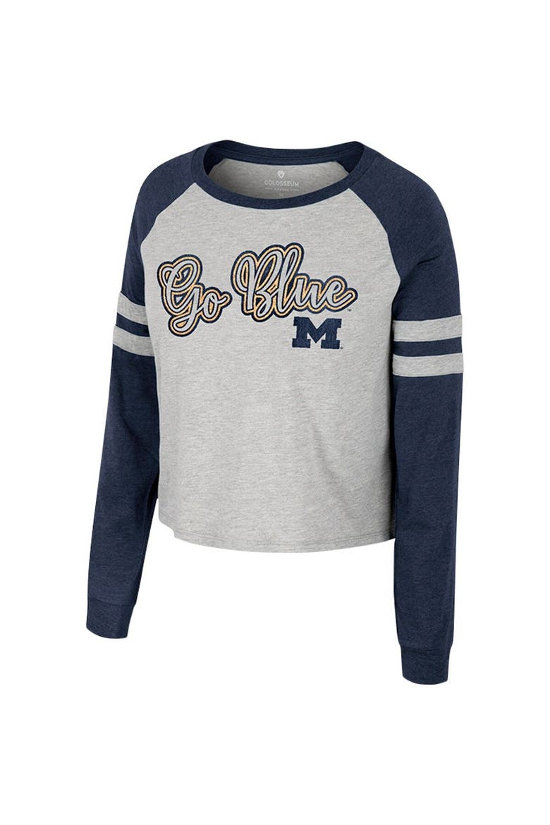 Women's Colosseum Heather Gray Michigan Wolverines I'm Gliding Here Raglan Long Sleeve Cropped T-Shirt, Alternate, color, Heather Gray