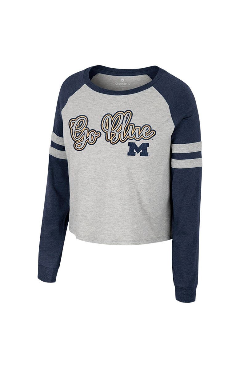 COLOSSEUM Women's Colosseum Heather Gray Michigan Wolverines I'm Gliding Here Raglan Long Sleeve Cropped T-Shirt, Alternate, color, Heather Gray