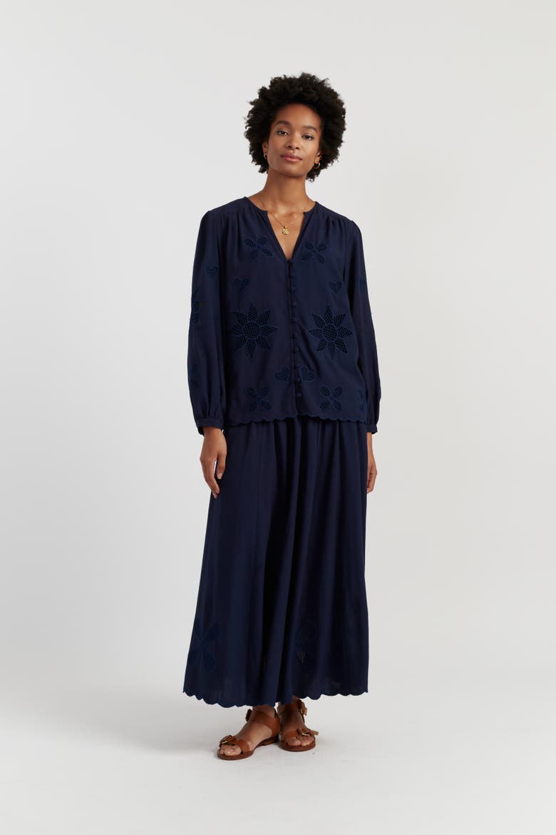 Linen-Blend Broderie Blouse, Main, color, Blue