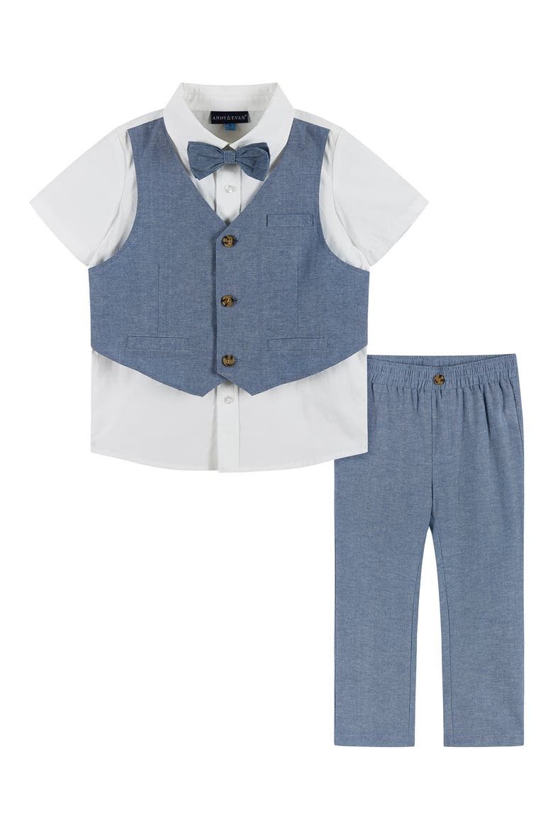 Kids' Attached Vest Dress Shirt, Pants & Bow Tie Set, Main, color, BLUE/ WHITE