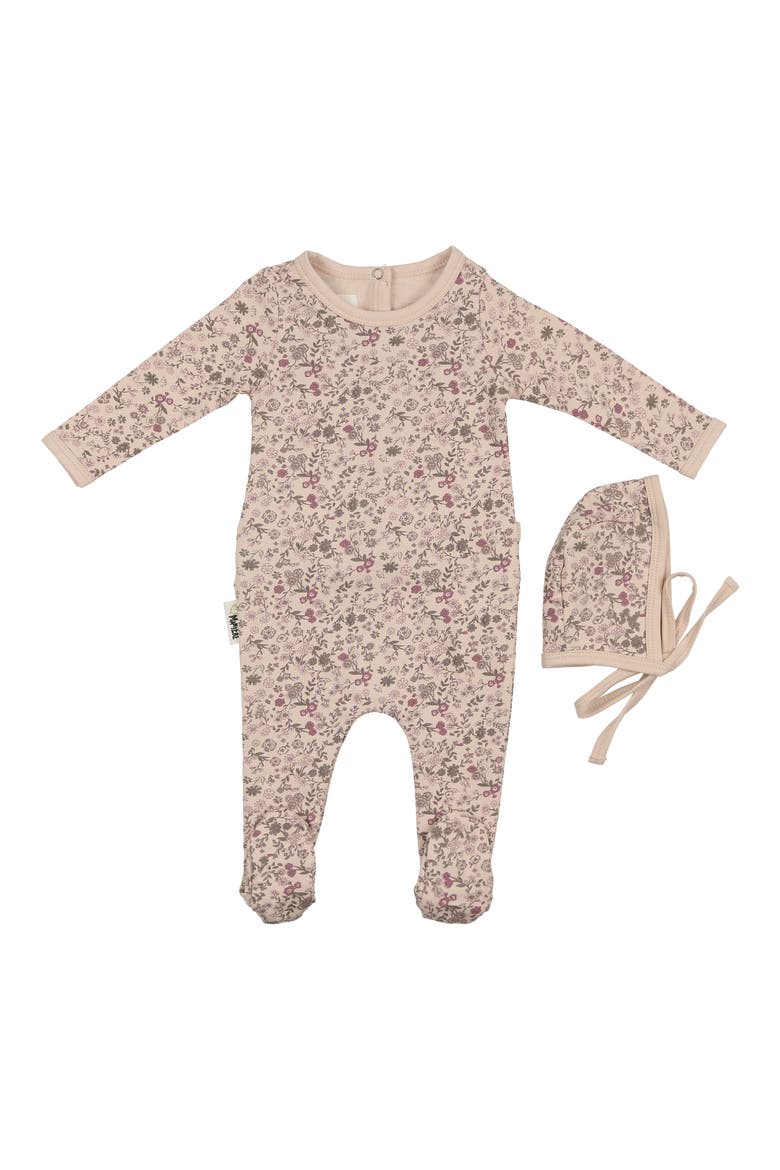 Elegant Floral Footie & Hat Set, Main, color, Z/DNUGIRLS BISCUIT