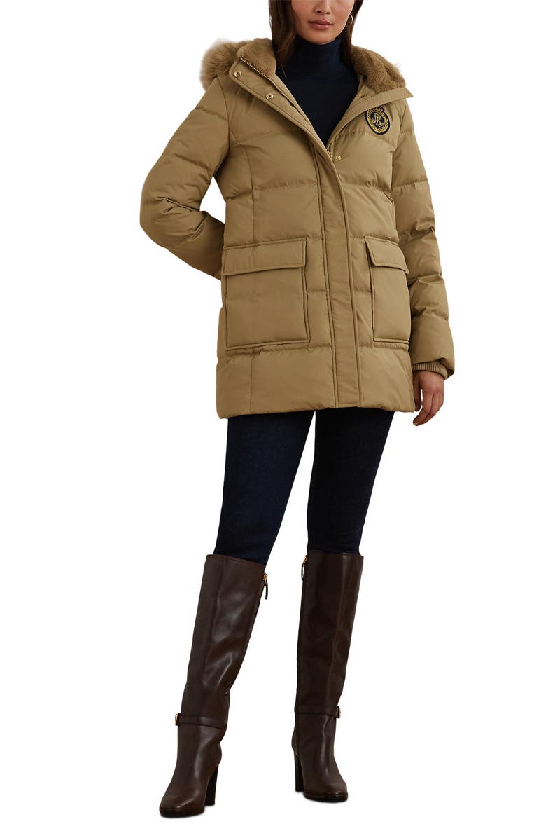 Lauren Ralph Lauren Crest Patch Down & Feather Fill Hooded Coat, Alternate, color, Birch Tan