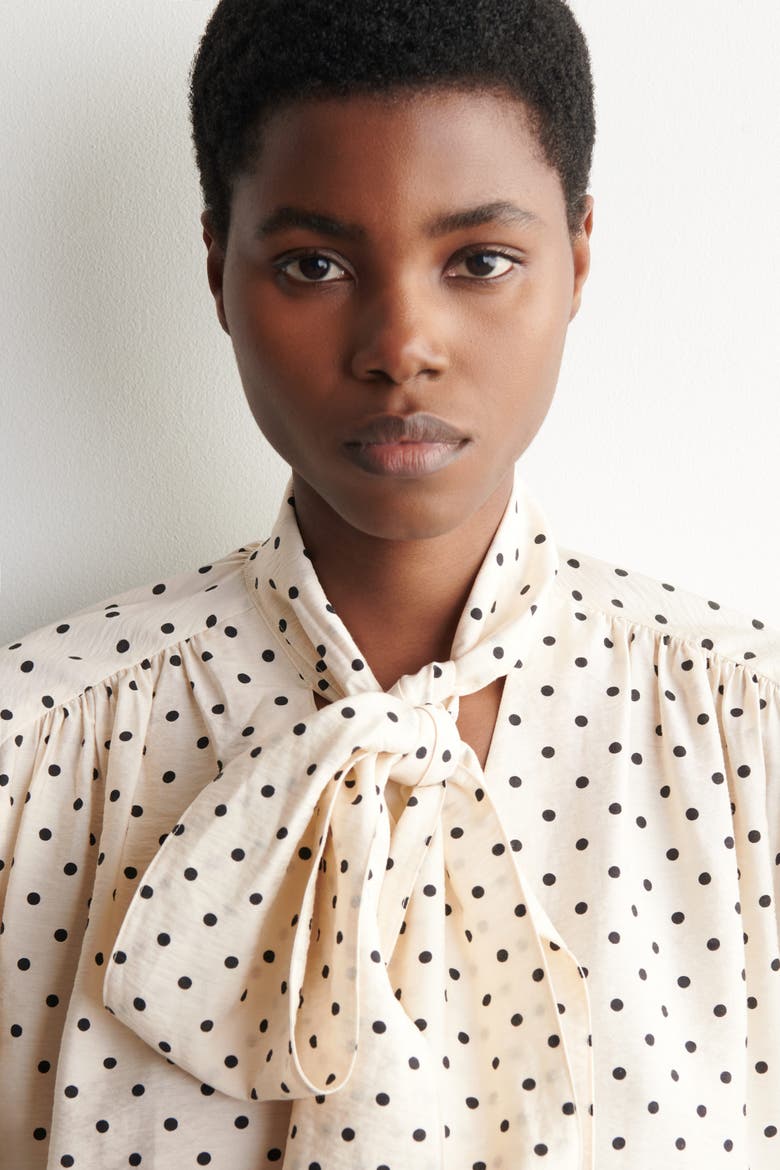 Scarf-Detail Polka-Dot Shirt, Alternate, color, IVORY / BLACK / POLKA DOT