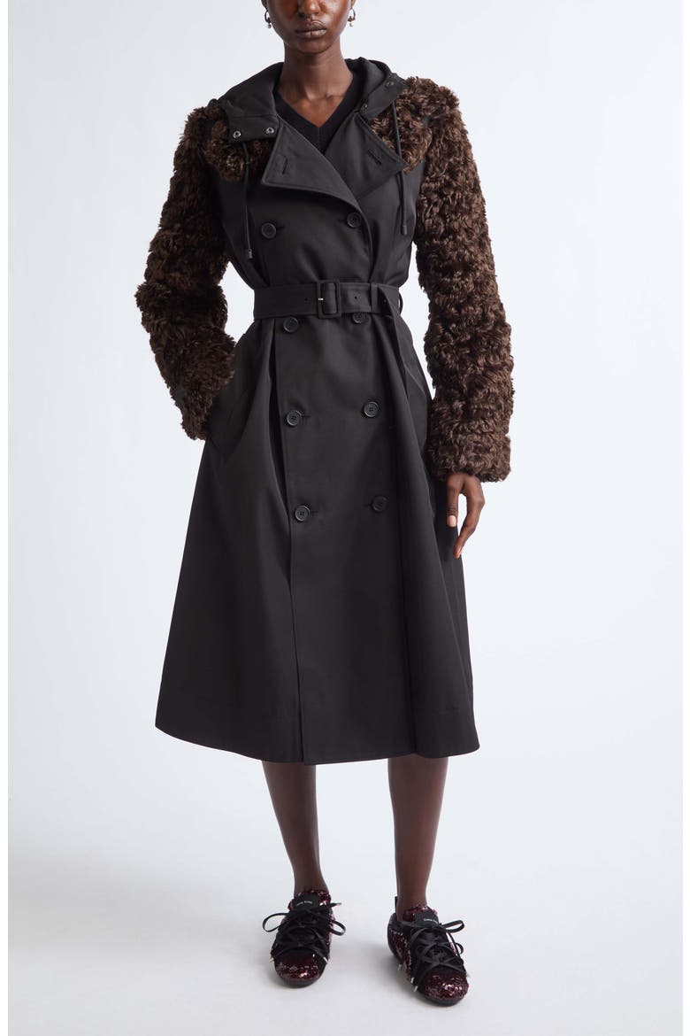 Faux Fur Detail Trench Coat, Main, color, BLACK/ BROWN