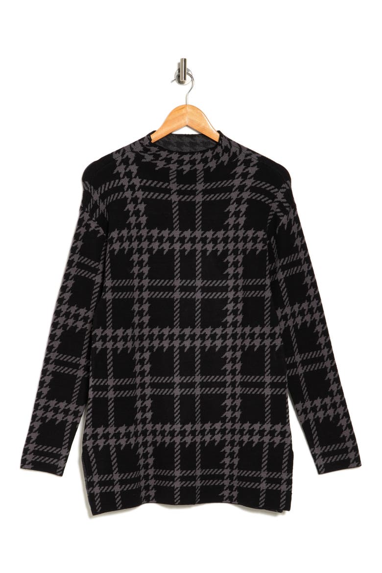 Plaid Jacquard Funnel Neck Tunic Sweater, Alternate, color, BLACK/ MED GREY MIX