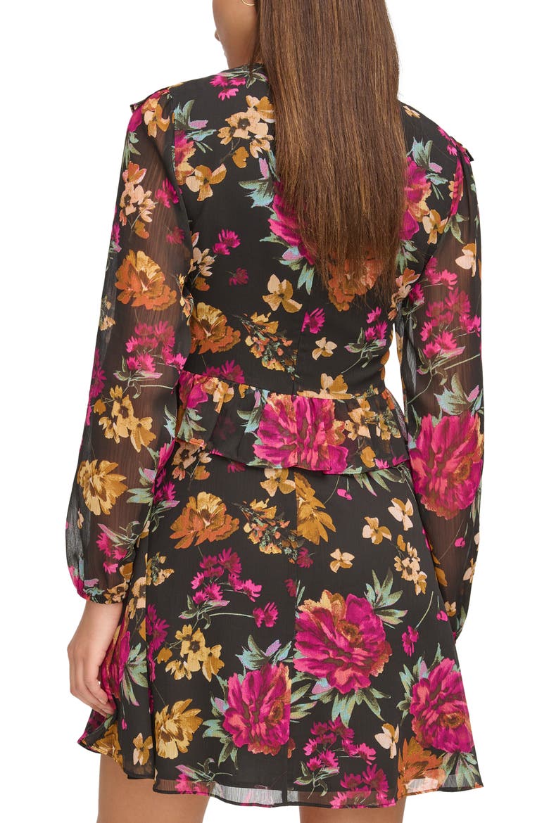 V-Neck Long Sleeve Floral Chiffon Shift Dress, Alternate, color, PINK/BLACK MULTI