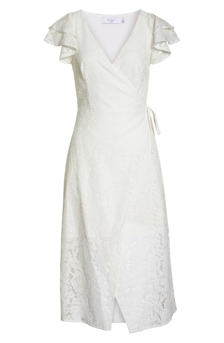Ali & Jay Ruffle Sleeve Wrap Lace Midi Dress, Alternate, color, 