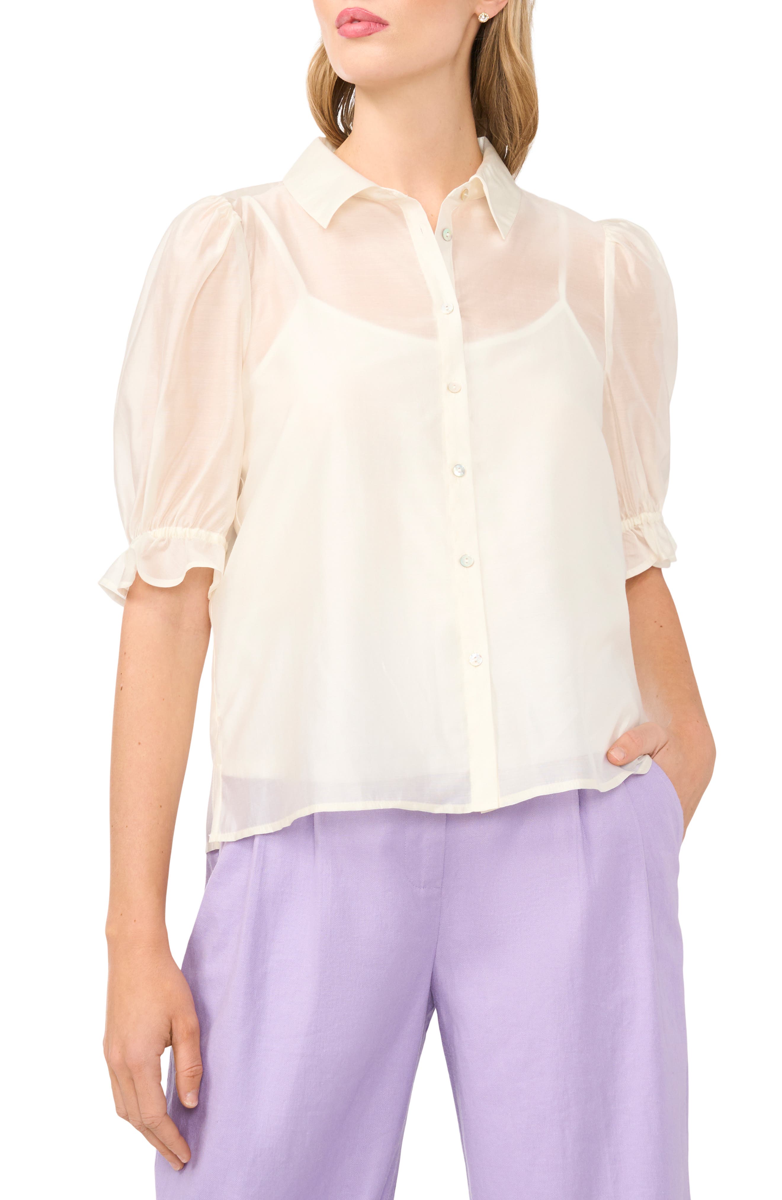 Puff Sleeve Semi Sheer Button-Up Top