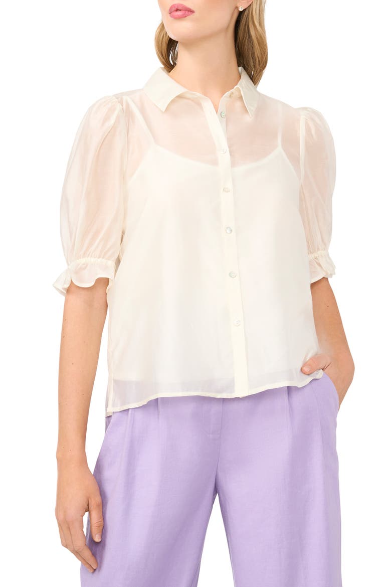 Puff Sleeve Semi Sheer Button-Up Top, Main, color, NEW IVORY