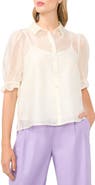 Halogen® Puff Sleeve Semi Sheer Button-Up Top