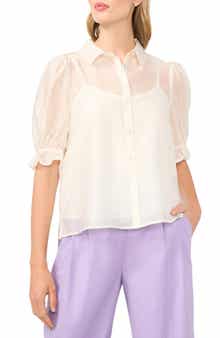 Puff Sleeve Semi Sheer Button-Up Top