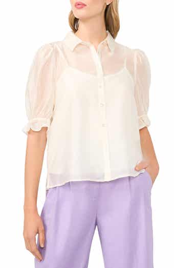 Puff Sleeve Semi Sheer Button-Up Top
