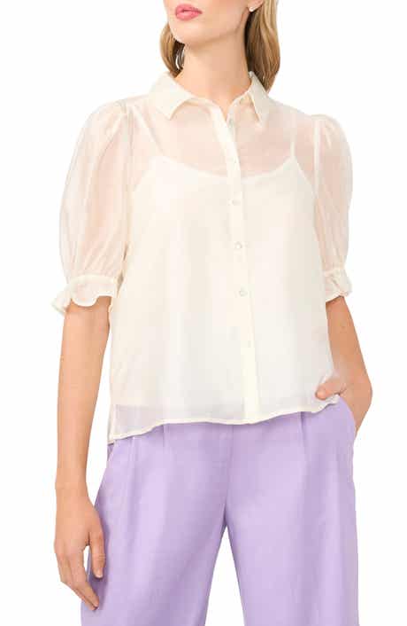 Puff Sleeve Semi Sheer Button-Up Top