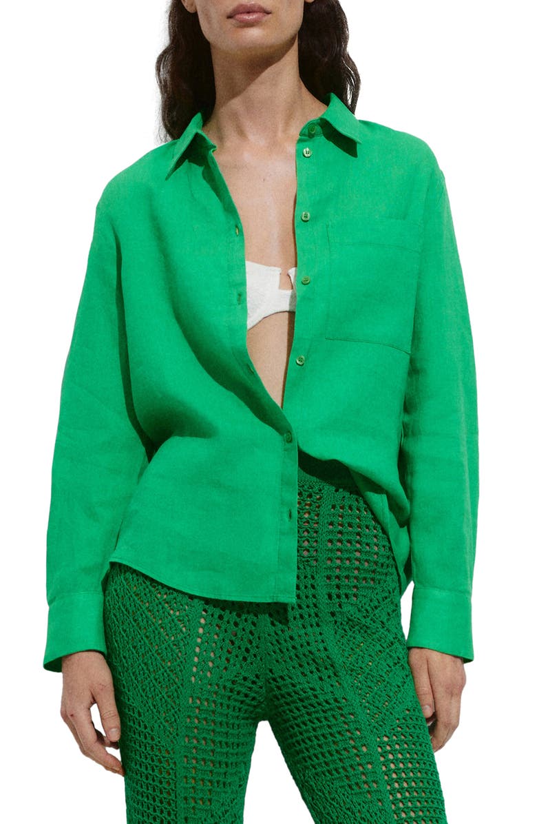 MANGO Linen Button-Up Shirt, Main, color, Green Apple