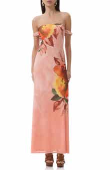 AFRM Barot Printed Off the Shoulder Mesh Maxi Dress