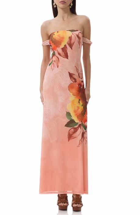 AFRM Barot Printed Off the Shoulder Mesh Maxi Dress