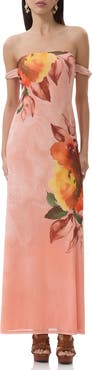AFRM Barot Printed Off the Shoulder Mesh Maxi Dress