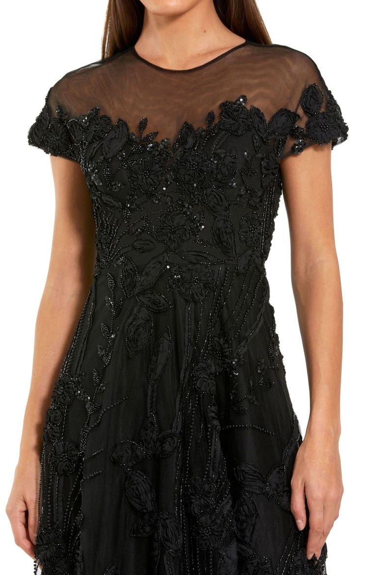 Embellished Lace Illusion Neck A-Line Midi Dress, Alternate, color, Black