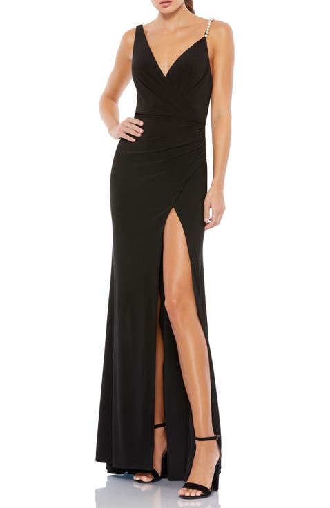 Asymmetrical Pearl Strap V-Neck Jersey Gown