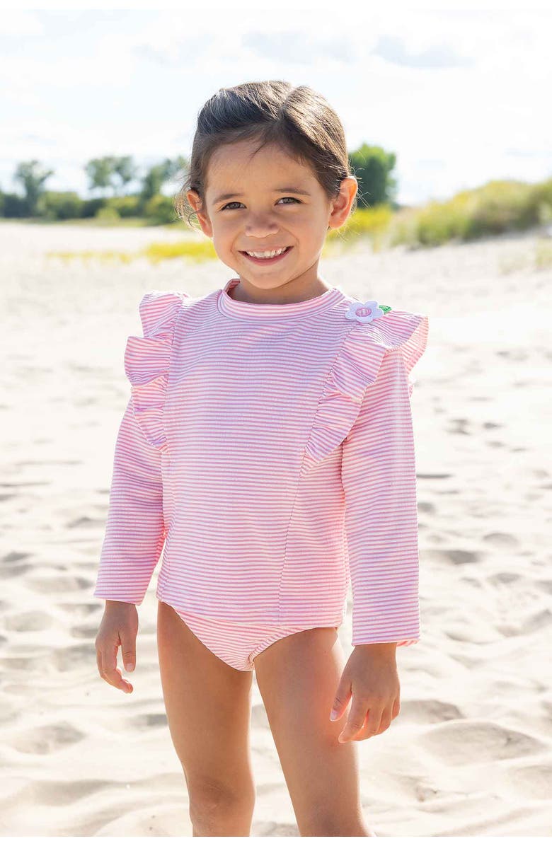 Florence Eiseman Stripe Seersucker Rashguard Swimsuit with Flower, Alternate, color, Pink/White