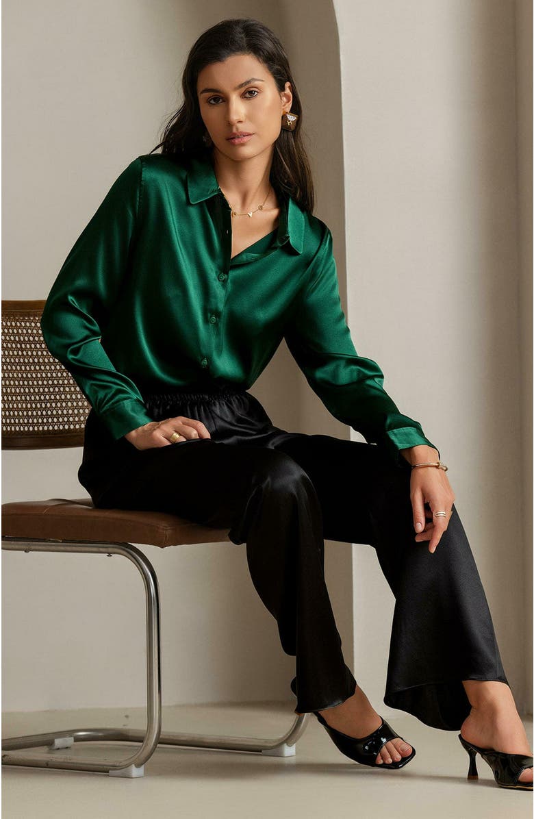 SILKSILKY 19Momme Silk Solid Color Basic Military Lapel Shirt, Alternate, color,