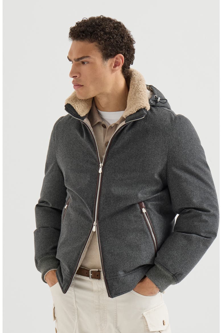 Bonded wool flannel down jacket with detachable hood, Main, color, Dark Grey