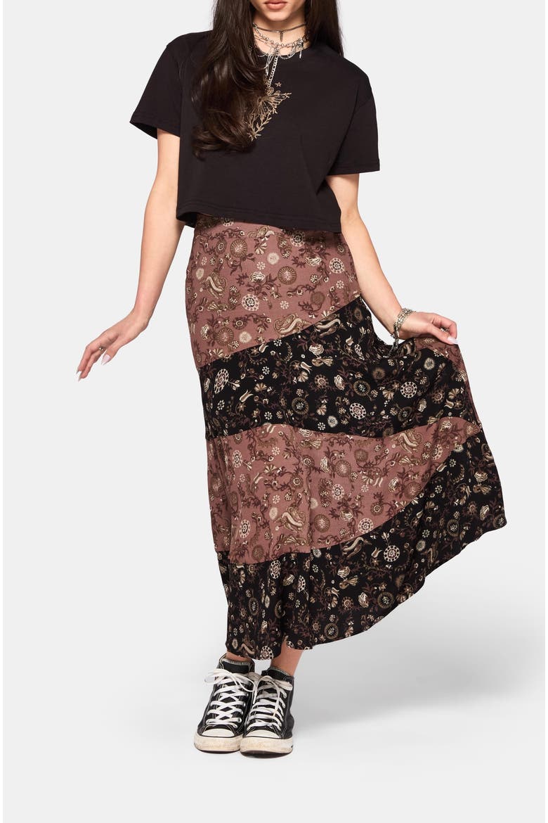 Sylra Ditsy Folk Spliced Midi Skirt, Alternate, color, Black