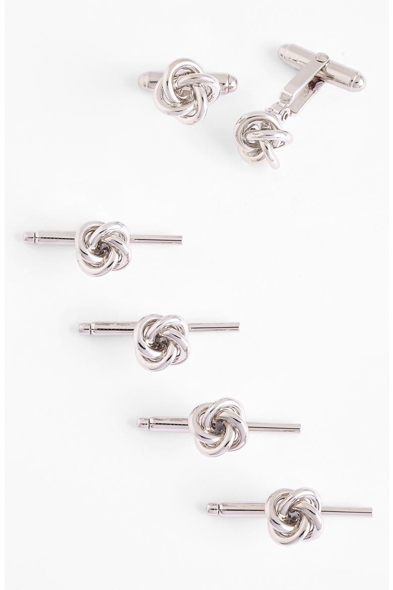 Knot Cuff Link & Stud Set, Main, color, STERLING SILVER