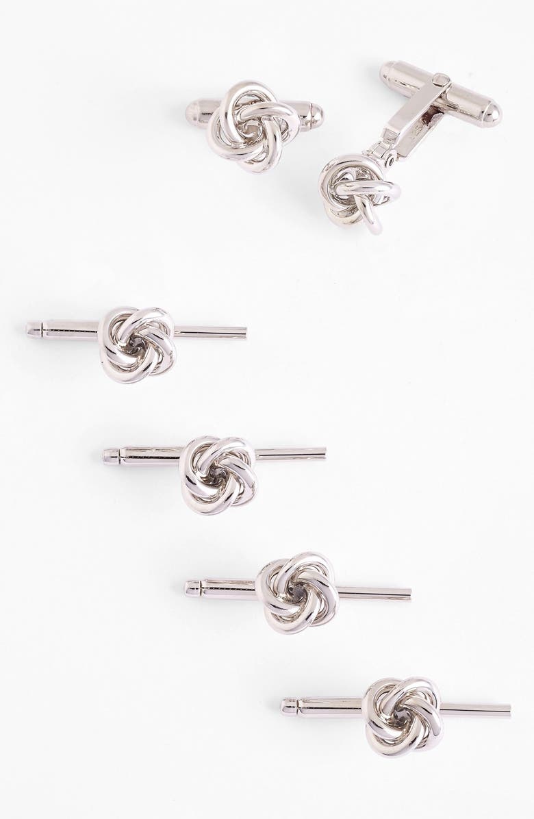 David Donahue Knot Cuff Link & Stud Set, Main, color, Sterling Silver