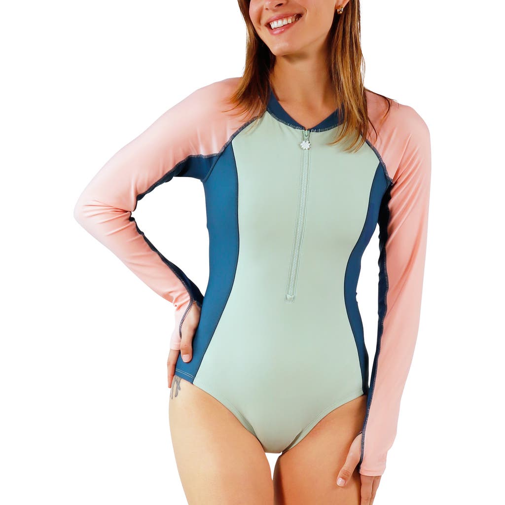 Uv Skinz Long Sleeve Half Zip Swimsuit In Frosty Green Colorblock