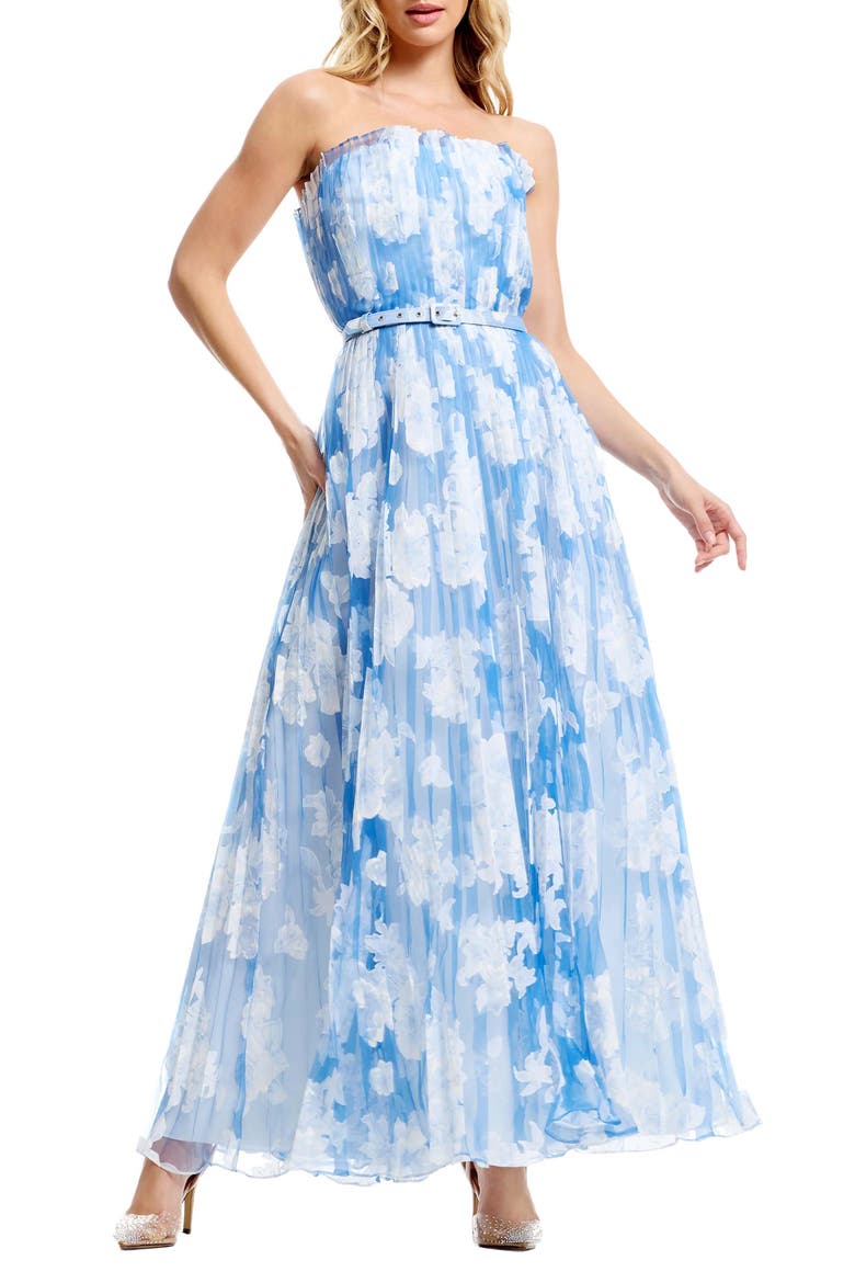 Verity Pleated Belted Strapless Gown, Main, color, SKY MULTI