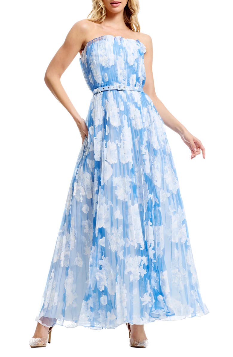Dress the Population Verity Pleated Belted Strapless Gown, Main, color, Sky Multi