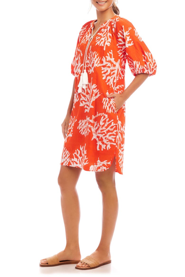 Coral Print Tassel Cotton Dress, Alternate, color, ORANGE