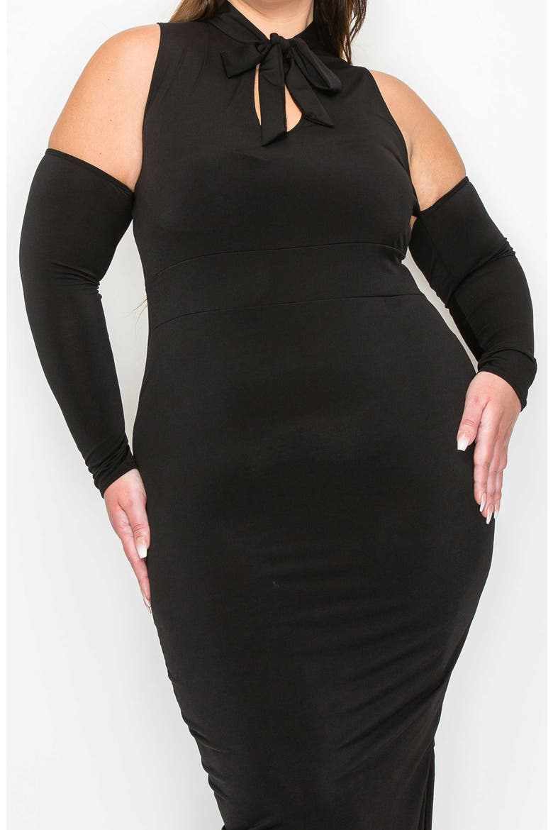 Fatale Tie Neck Cold Shoulder Long Sleeve Dress, Alternate, color, BLACK