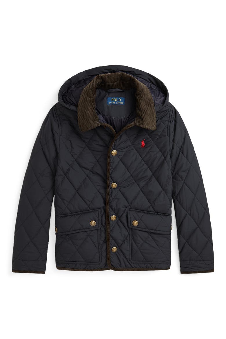 Kids' Quilted Hooded Barn Jacket, Main, color, BLACK
