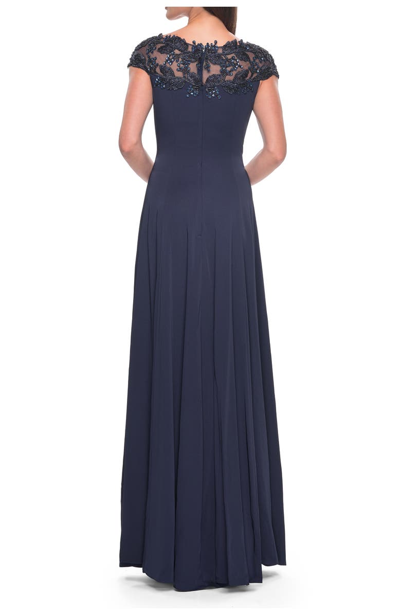 La Femme A-Line Satin Dress with Stunning Beaded Neckline and Short Sleeves, Alternate, color, Navy
