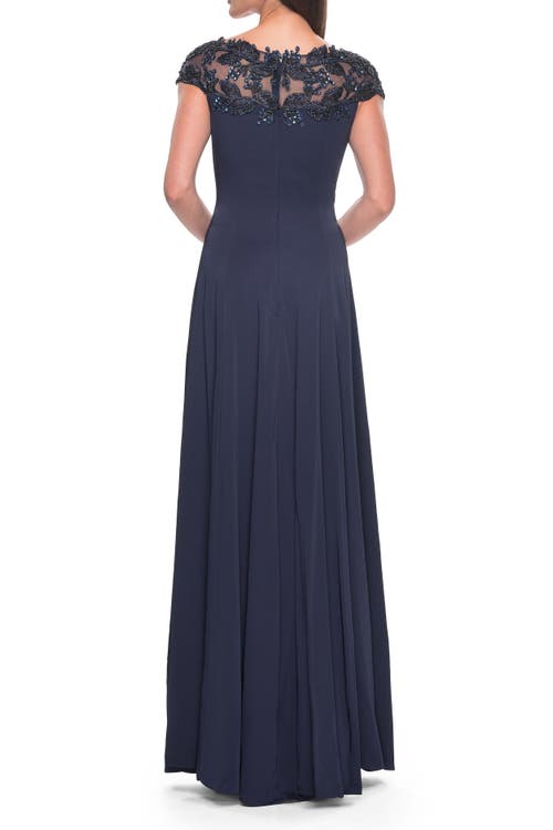 La Femme A-line Satin Dress With Stunning Beaded Neckline And Short Sleeves In Navy