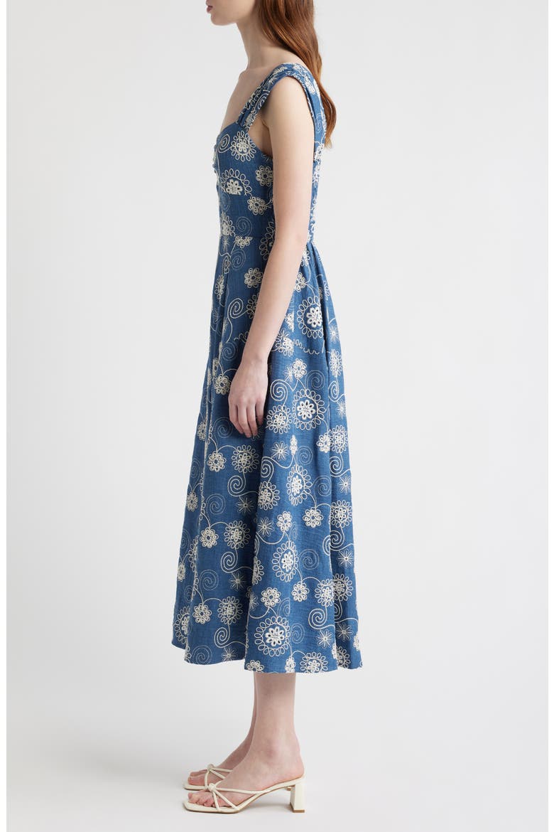 Embroidered Cap Sleeve Chambray Midi Dress, Alternate, color, DENIM