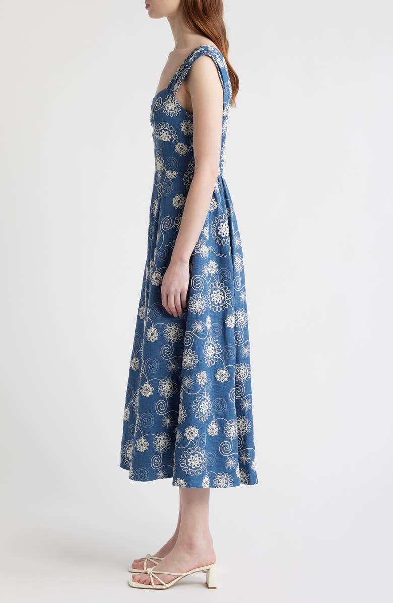 ZOE AND CLAIRE Embroidered Cap Sleeve Chambray Midi Dress, Alternate, color, Denim