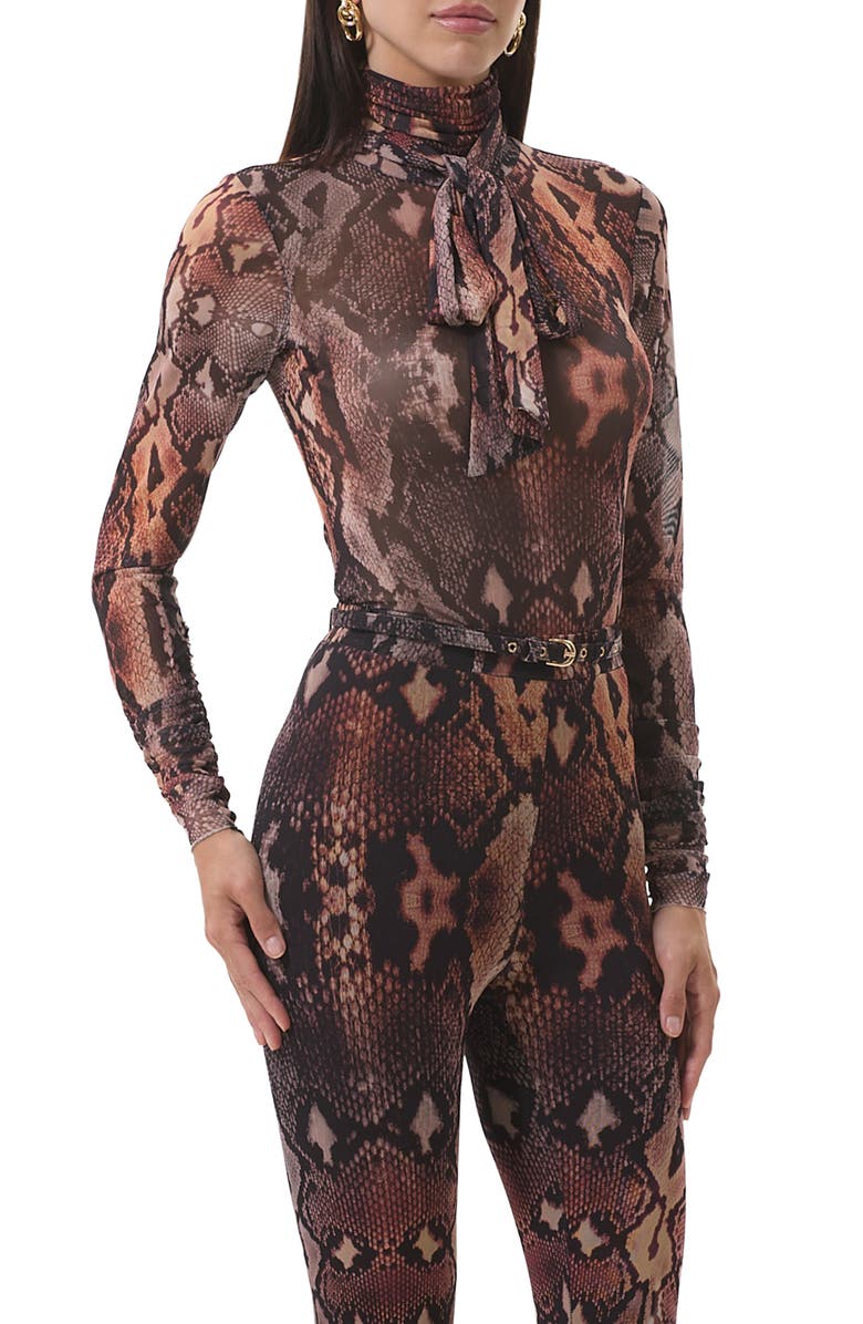 AFRM Julien Tie Neck Turtleneck Mesh Top, Main, color, Scattered Snake