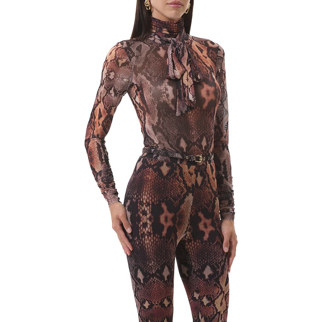 Afrm Julien Tie Neck Turtleneck Mesh Top In Brown