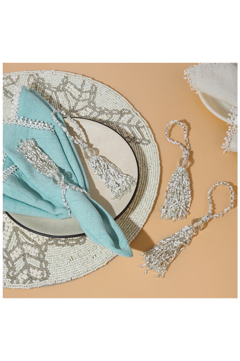 Celeste Cascade Set of 4 Beaded Napkin Rings, Alternate, color, WHITE/ SILVER