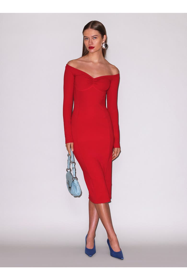 Off Shoulder Hourglass Rib Midi Dress, Main, color, Rouge