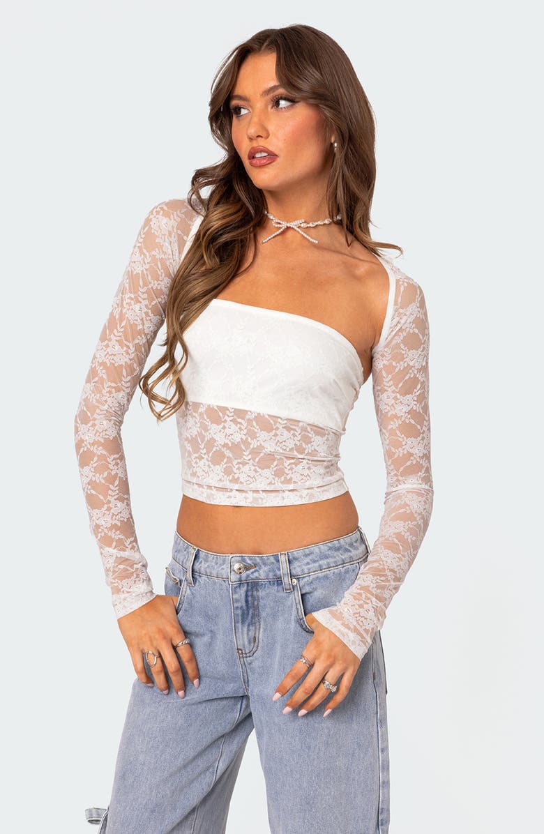 EDIKTED Addison Sheer Long Sleeve Lace Top, Alternate, color, White