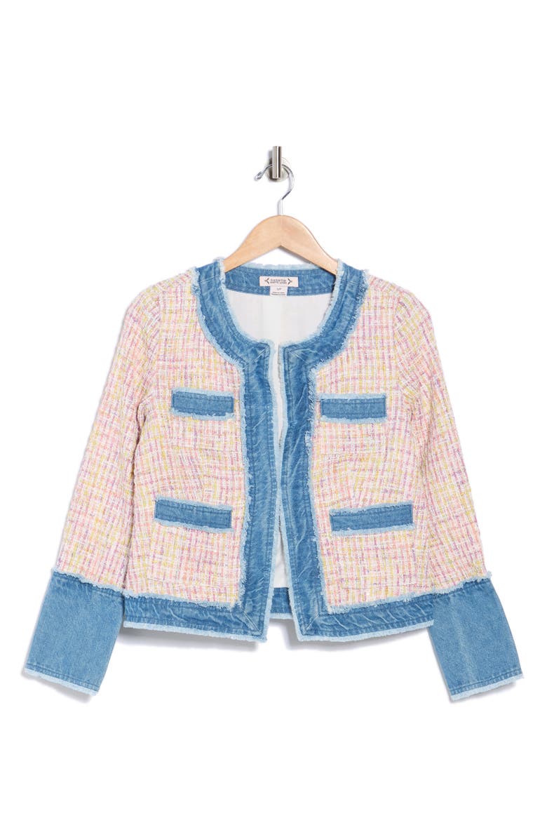 Nanette Lepore Denim Trim Bouclé Crop Jacket, Alternate, color, Pink White Multi/ Denim