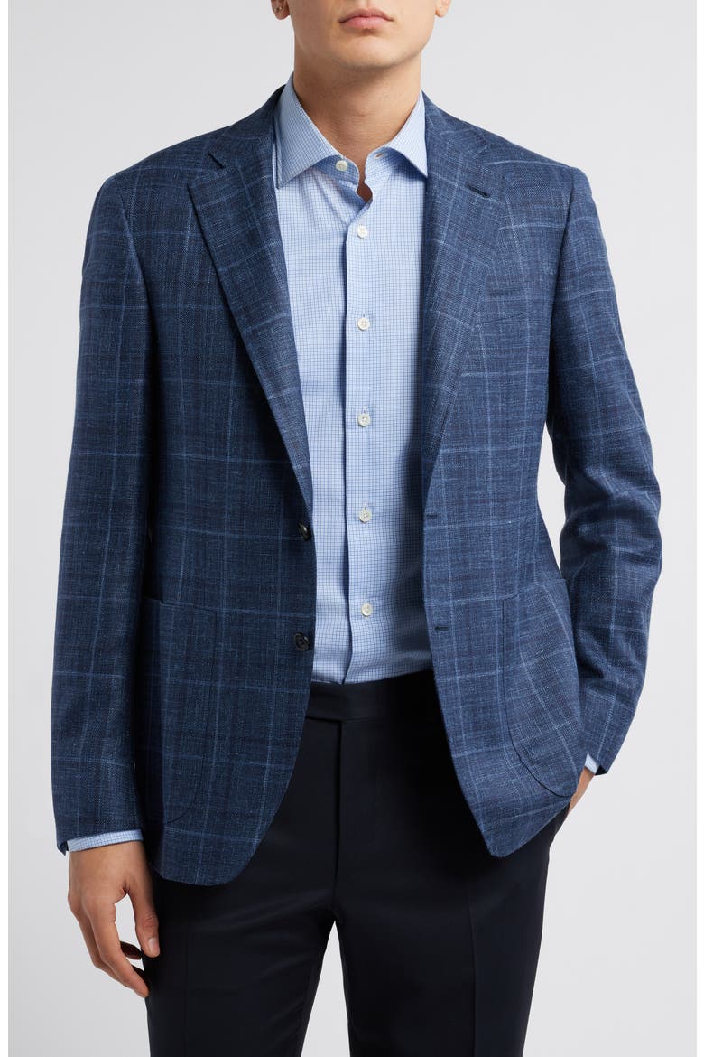 Kei Trim Fit Plaid Wool, Silk & Linen Sport Coat, Main, color, BLUE