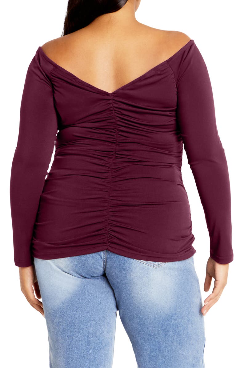 City Chic Sally Ruched Off the Shoulder Top, Alternate, color, Plum