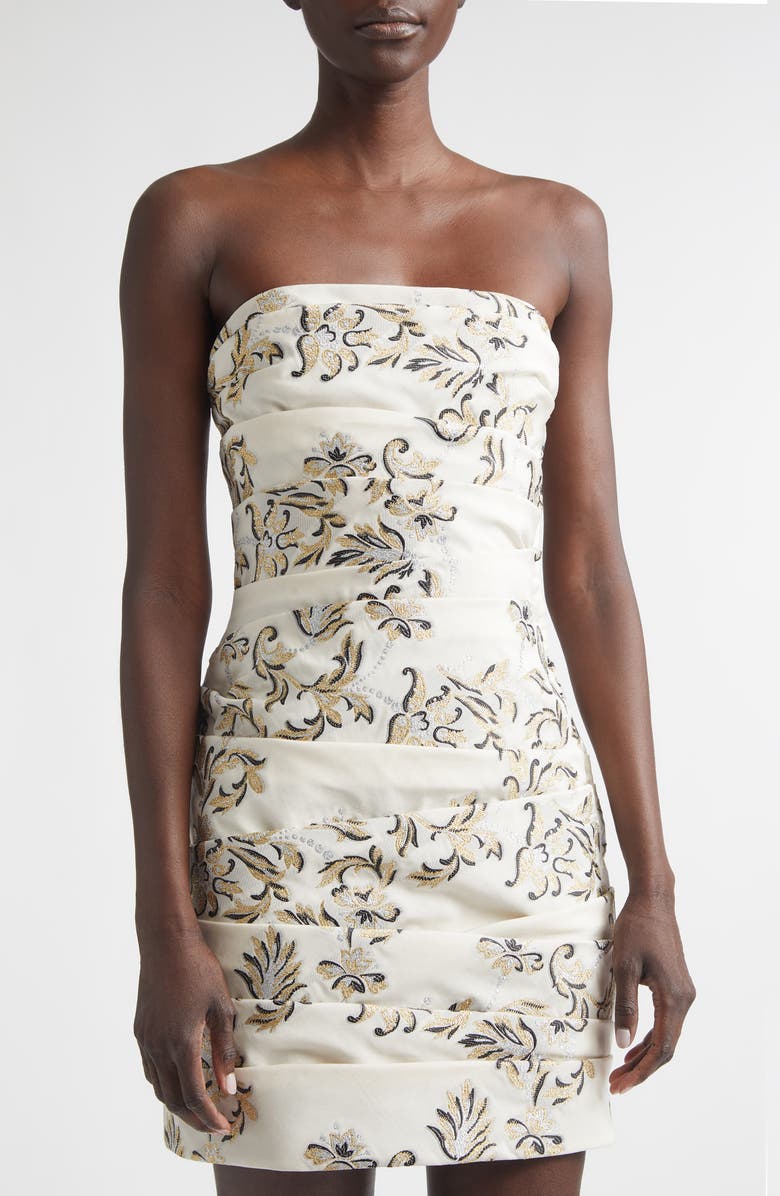 Carolina Herrera Metallic Embroidered Strapless Cocktail Dress, Alternate, color, Ivory Multi