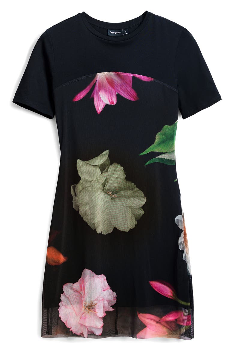 Floral Print Knit Minidress, Alternate, color, BLACK